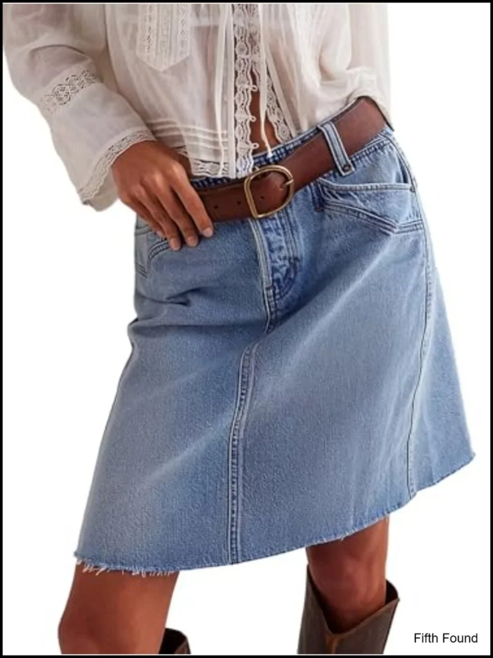 High Waist Stretchy Denim A-Line Skirt Knee Length with Pockets